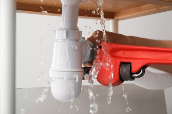 Plumber fixing a sink pipe with wrench.